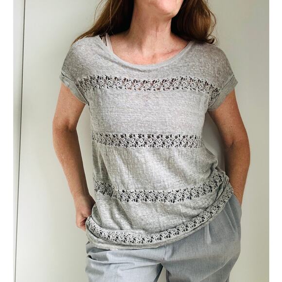 Anthropologie AKEMI + KIN Grey Lattice Linen T shirt Greym Size Small Coquette - Picture 5 of 6
